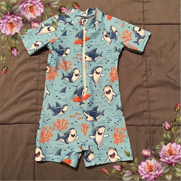 Toddler Boy One-Piece Swimsuit Sun Protection Rash Guard Short Sleeve Swimwear - Picture 1 of 13